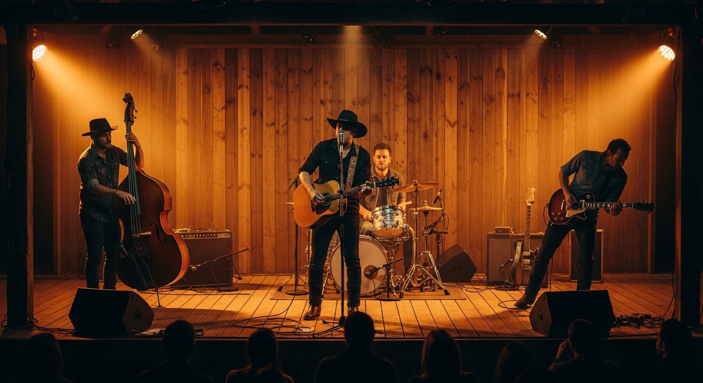 AI_IMAGE: A wide cinematic shot of four rugged country musicians performing on a weathered wooden stage at a roadside honky-tonk at golden hour. The lead singer center stage in a black cowboy hat grips a vintage microphone, acoustic guitar strapped on. An upright bass player stands stage left, a drummer sits behind a compact kit, and an electric guitarist leans into a solo stage right. Warm amber stage lights cut through atmospheric haze, the wooden stage and reclaimed timber backdrop glowing in deep walnut and burnt gold tones. The crowd is barely visible as silhouettes in the foreground. The mood is cinematic, energetic, and deeply authentic. | photorealistic | landscape