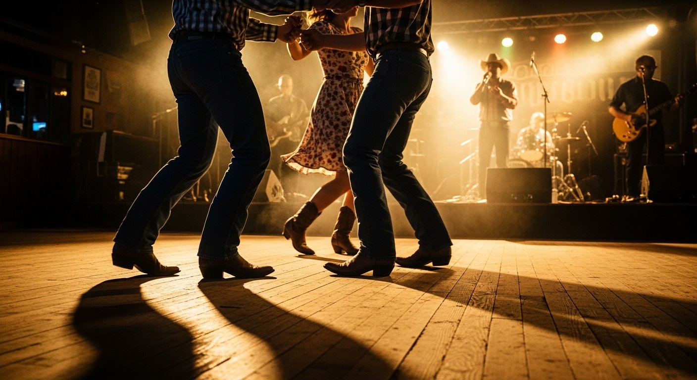 AI_IMAGE: Close-up of couples two-stepping on a worn wooden dance floor in a dim honky-tonk bar, warm golden backlight from the stage casting long shadows, cowboy boots and denim visible, motion blur on the dancers with the band sharply focused in the background behind haze, intimate documentary feel | photorealistic cinematic | landscape