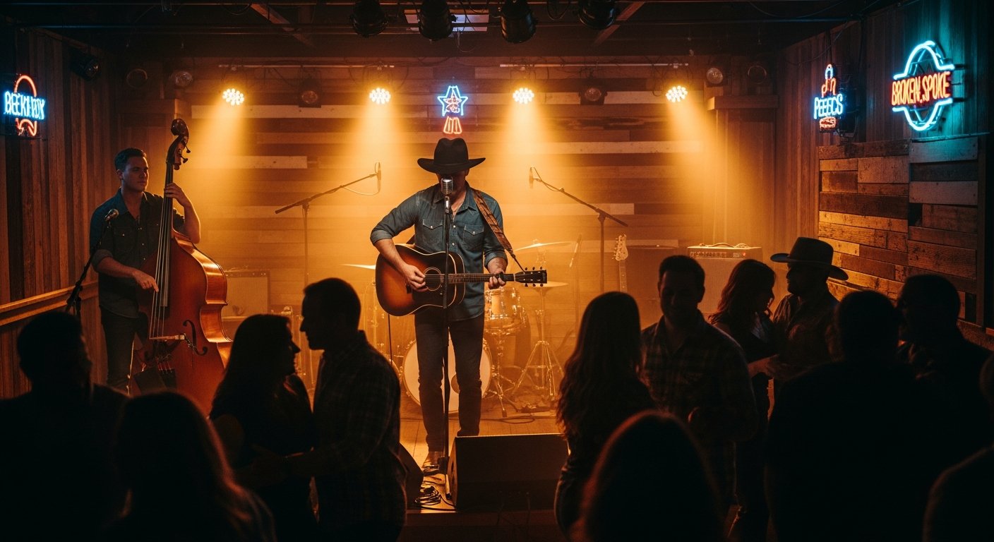 AI_IMAGE: Wide shot of a country band performing on a small honky-tonk stage at The Broken Spoke dance hall in Austin Texas, warm amber stage lights cutting through haze, the lead singer in a black cowboy hat leaning into a vintage microphone with acoustic guitar strapped on, upright bass player visible stage left, crowd of dancers in the foreground silhouetted against the golden light, reclaimed wood walls and neon beer signs in the background, intimate energetic atmosphere | photorealistic cinematic | landscape