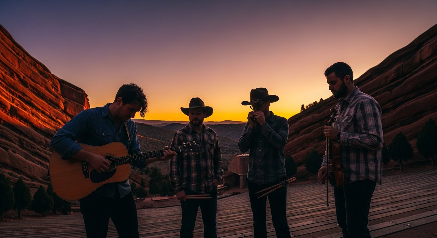 AI_IMAGE: Four country musicians standing backstage at Red Rocks Amphitheatre at sunset, silhouetted against a dramatic orange and purple sky framed by towering red sandstone formations, one musician tuning an acoustic guitar, another holding drumsticks, warm golden hour light on their faces, distant amphitheatre seats visible below, cinematic wide composition with deep warm tones | photorealistic cinematic | landscape