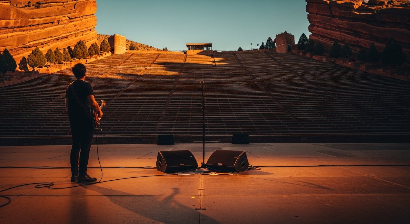 AI_IMAGE: A lone musician standing at the front edge of the Red Rocks Amphitheatre stage during soundcheck, vast empty stone seating stretching upward, late afternoon sun casting long shadows across the sandstone, microphone stand and monitor wedges on the stage floor, solitary contemplative mood, warm amber and rust tones | photorealistic cinematic | landscape