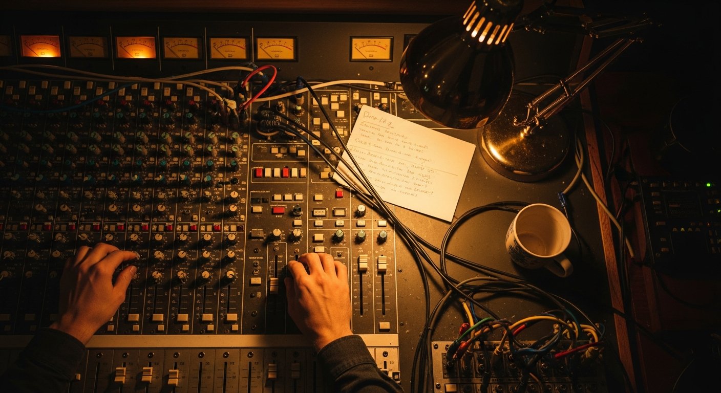 AI_IMAGE: Overhead view of a vintage analog mixing console in a dimly lit recording studio, hands adjusting faders, warm amber desk lamp casting a pool of light on handwritten notes and a half-empty coffee mug, cables and patch bays visible, shallow depth of field with bokeh from LED indicators on the board | photorealistic cinematic | landscape