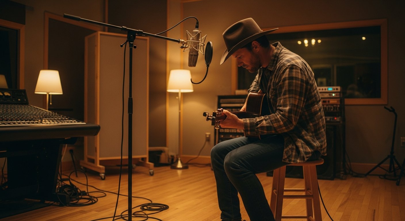 AI_IMAGE: A country musician in a flannel shirt and worn cowboy hat sitting on a wooden stool inside a warm-toned recording studio, leaning into a large diaphragm condenser microphone with an acoustic guitar on his knee, soft amber overhead lighting, sound baffles and analog mixing console visible in the background, cables coiled on the hardwood floor, intimate behind-the-scenes documentary atmosphere | photorealistic cinematic | landscape