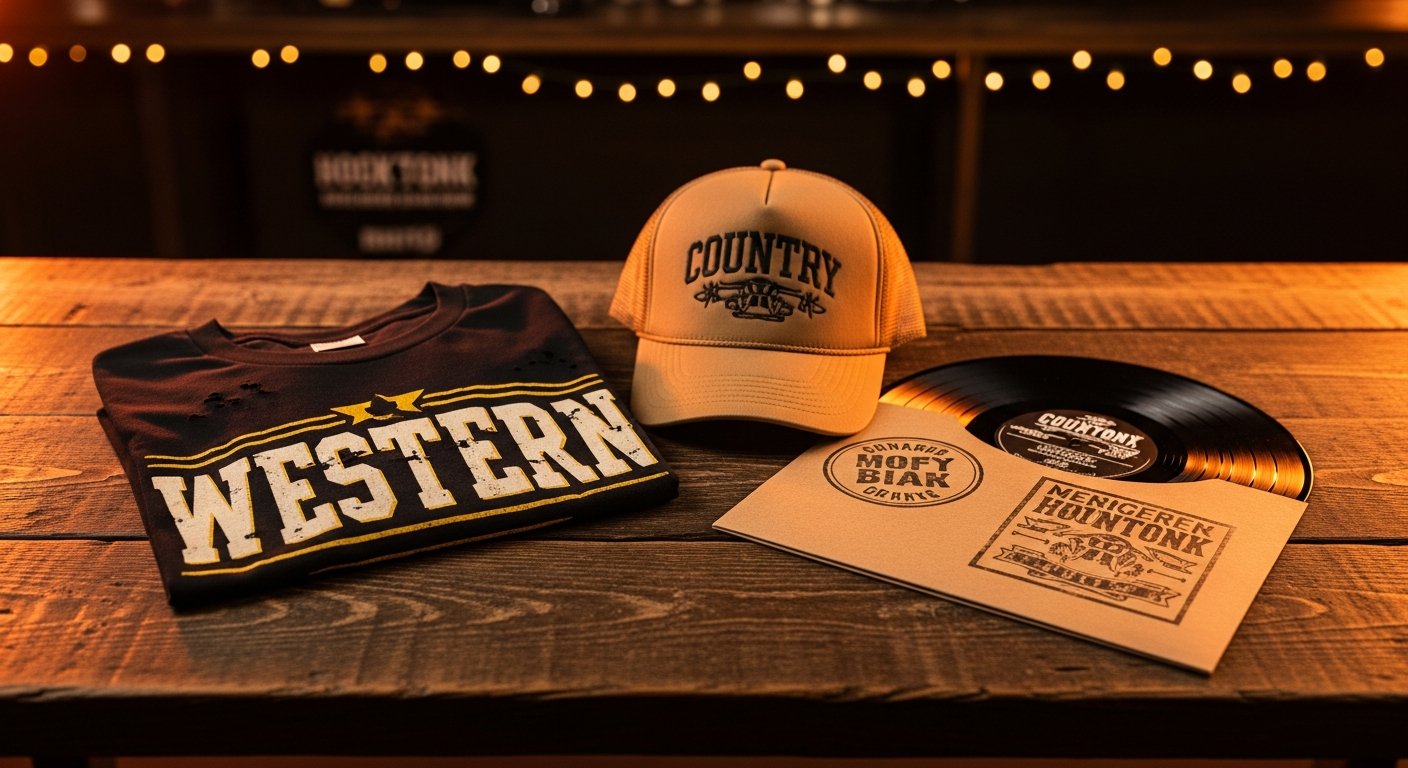 AI_IMAGE: A rustic wooden table displaying country band merchandise — a folded vintage-style black t-shirt with distressed cream and gold western lettering, an embroidered tan trucker hat, and a vinyl record in a kraft paper sleeve with hand-stamped artwork — all arranged on weathered dark walnut wood with warm amber side lighting and a blurred honky-tonk bar background with string lights | photorealistic | landscape