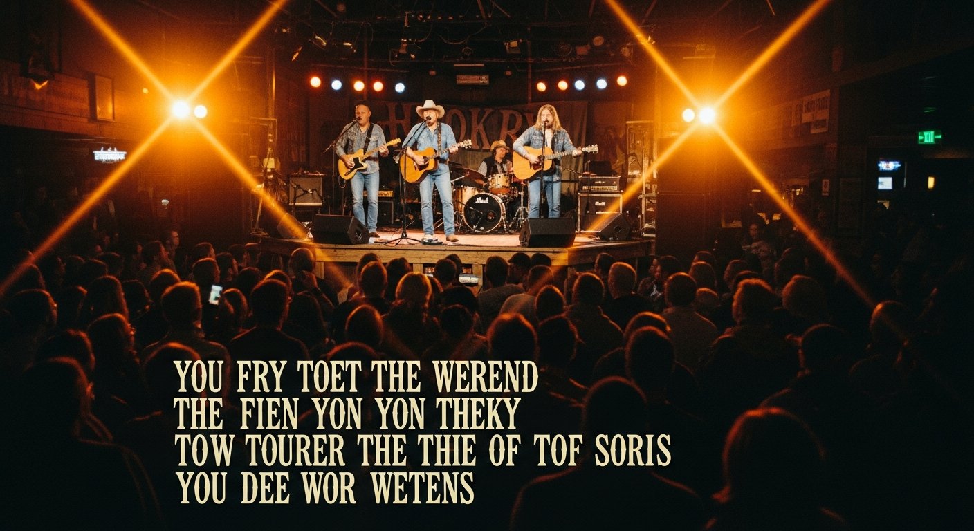 AI_IMAGE: A frame from a grainy Super 8 film showing a country band performing on a small wooden stage in a crowded honky-tonk, warm amber stage lights creating lens flares, hand-lettered cream-colored song lyrics overlaid at the bottom third of the frame in a vintage western serif font, the overall look deliberately nostalgic and lo-fi with visible film grain and slight vignette | photorealistic | landscape