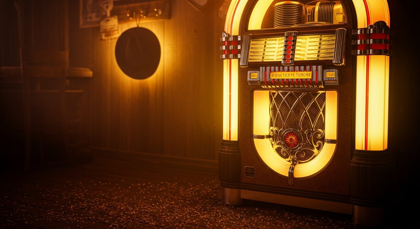 AI_IMAGE: Close-up of a vintage jukebox glowing with warm neon amber and gold light in a dim honky-tonk bar, sawdust scattered on the dark wooden floor beneath it, the jukebox glass reflecting the silhouette of a cowboy hat hanging on a nail in the background wall — the overall palette is deep walnut browns and burnt gold highlights with atmospheric haze | photorealistic | landscape
