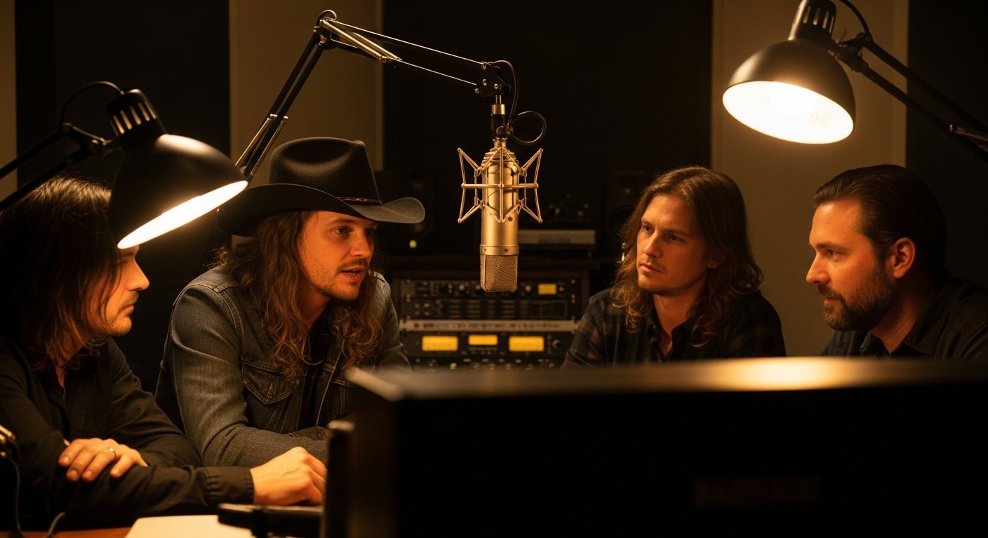 AI_IMAGE: Four country musicians seated around a large vintage broadcast microphone in a dimly lit radio studio, warm tungsten desk lamps casting golden light across their faces, the lead singer in a worn black cowboy hat leaning toward the mic mid-sentence, audio equipment and soundproofing panels visible in the dark background, the mood intimate and conversational like a late-night interview session | photorealistic | landscape
