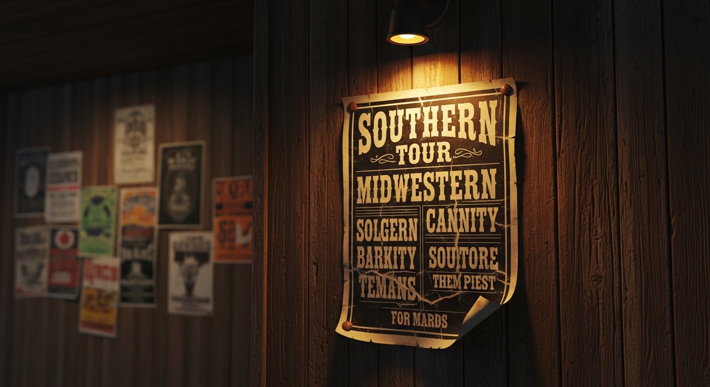 AI_IMAGE: A weathered tour poster tacked to a dark wooden barroom wall, listing Southern and Midwestern city names in vintage western typography, lit by a single warm amber spotlight from above, with the edges of the poster curling and a few rusty thumbtacks visible — the surrounding wall shows distressed wood grain and old concert flyers in soft focus behind | photorealistic | landscape