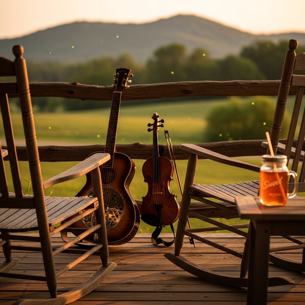 AI_IMAGE: A rustic farmhouse porch at golden hour with two weathered rocking chairs, acoustic instruments leaning against a rough-hewn wooden railing — a resonator guitar and a fiddle — a mason jar of sweet tea catching warm light on a side table, Tennessee rolling green hills soft-focused in the background, fireflies beginning to glow, warm amber and honey tones throughout | photorealistic | square