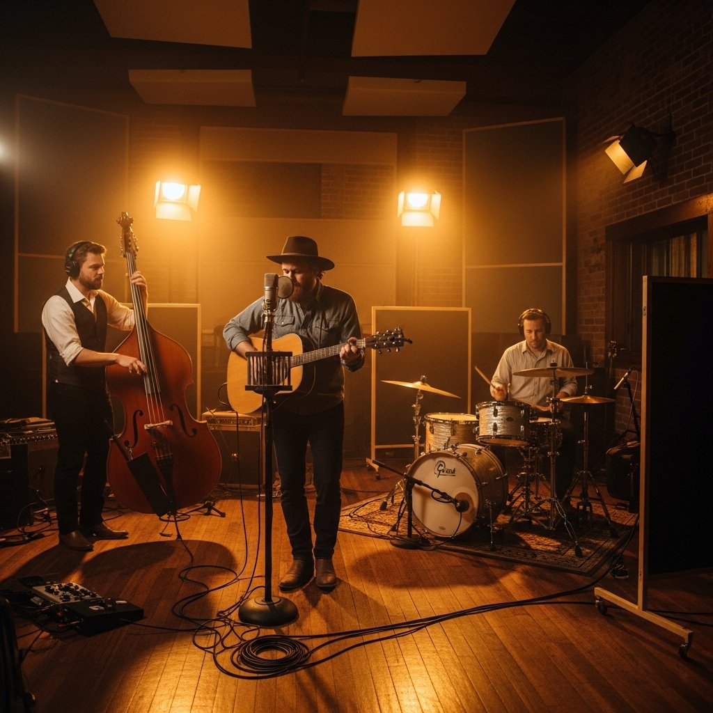 AI_IMAGE: Inside a dimly lit vintage recording studio, a country band recording together in a live room — the singer at a ribbon microphone with acoustic guitar, an upright bass player to his left, a drummer behind a small kit with brushes, baffles and vintage gear visible, warm amber overhead lighting casting golden pools, exposed brick walls, cables on the hardwood floor, intimate and candid atmosphere | photorealistic | square