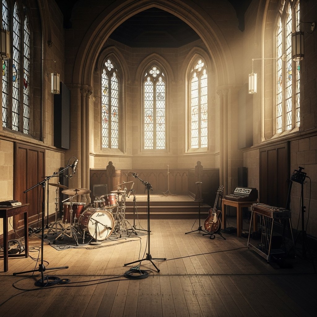 AI_IMAGE: Interior of a converted stone church used as a recording studio, high arched windows letting in soft diffused daylight, a drum kit set up in the chancel area, microphone stands and cables arranged across the worn wooden floor, a pedal steel guitar on a stand near stained glass, vintage analog equipment on a side table, the atmosphere is reverent and creative, muted earth tones with shafts of pale gold light | photorealistic | square