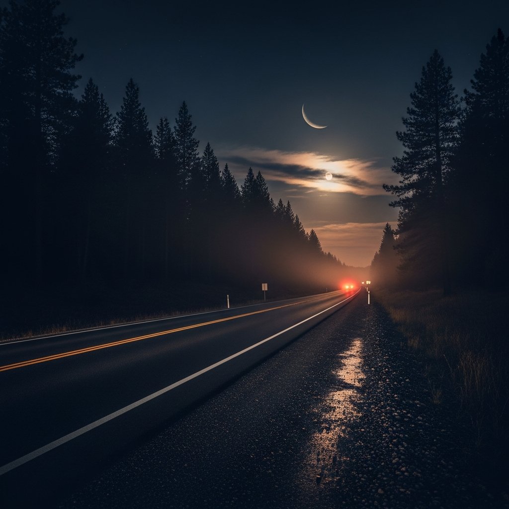 AI_IMAGE: A moody nighttime scene of an empty two-lane highway cutting through dark pine forest, a single pair of red taillights fading into fog in the far distance, a crescent moon partially obscured by clouds, roadside gravel shoulder reflecting faint moonlight, deep indigo and charcoal tones with warm amber from distant lights on the horizon, atmospheric and melancholy, cinematic film grain | photorealistic | square