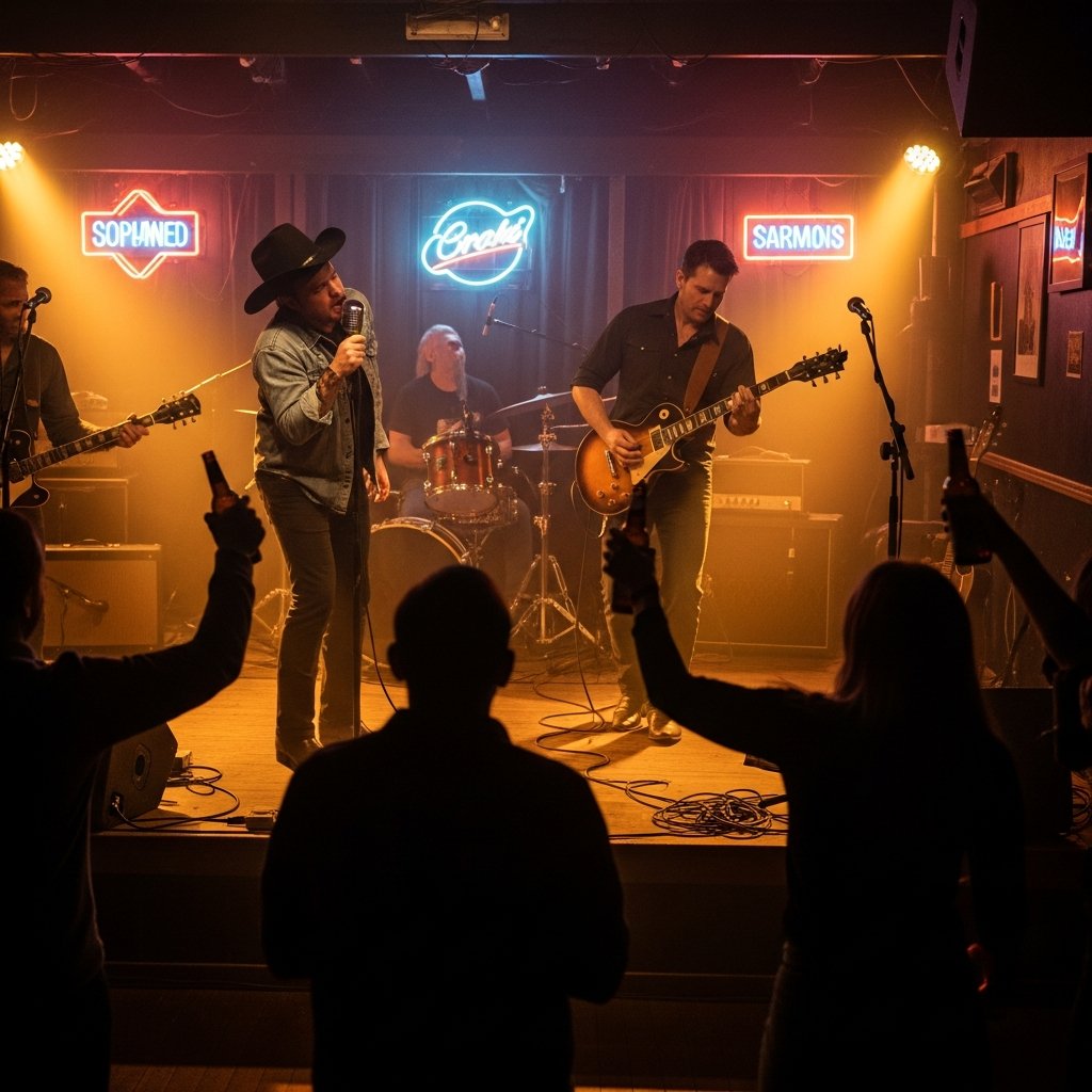 AI_IMAGE: A country band performing on a small honky-tonk stage shot from the dance floor, lead singer leaning into a vintage microphone with cowboy hat tilted back, electric guitarist mid-solo in dramatic warm spotlight, crowd silhouettes with raised beer bottles in the foreground, neon signs glowing on the back wall, sawdust visible on the floor, energetic and intimate atmosphere, warm amber stage lighting | photorealistic | square