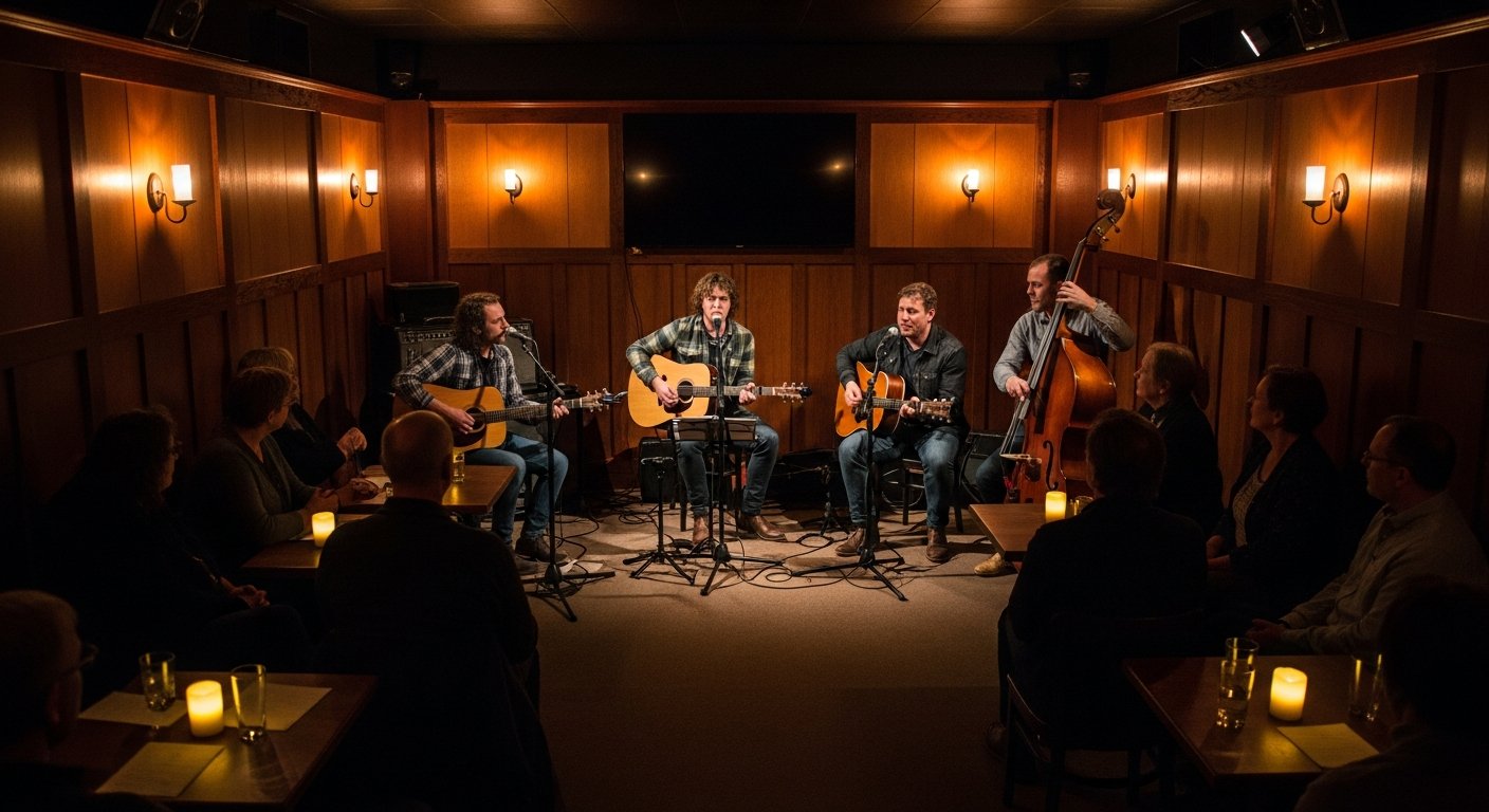 AI_IMAGE: A tiny intimate songwriting venue with four musicians seated in a circle at the center of the room, acoustic guitars and a stand-up bass visible. The audience sits at small candlelit tables just feet away from the performers. Low warm lighting casts soft amber tones across the wood-paneled walls. The atmosphere is hushed and reverent — a listening room where every lyric carries. | photorealistic | landscape