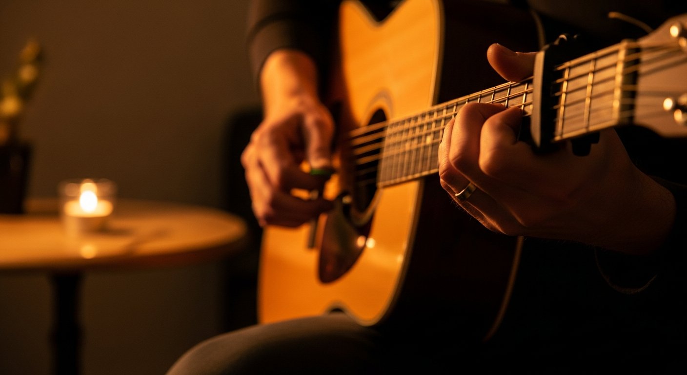 AI_IMAGE: Close-up of a songwriter's hands on an acoustic guitar in a dimly lit room — warm amber light catching the wood grain of the guitar body and the worn calluses on the fingertips. A small candle glows on a nearby table, out of focus. The mood is intimate and contemplative, the kind of moment between songs in a quiet listening room. | photorealistic | landscape