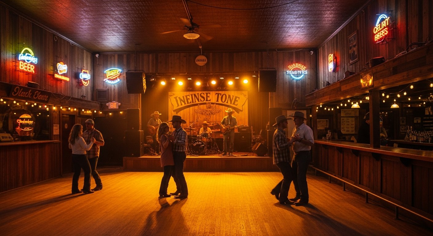 AI_IMAGE: Interior of a legendary Texas honky-tonk dance hall at night — a low-ceilinged room with worn wooden floors, neon beer signs glowing on the walls, a small stage lit by warm amber spotlights where a country band performs beneath a hand-painted sign. Couples two-step across the dance floor, the air hazy with atmosphere. Reclaimed wood paneling, string lights, and a long wooden bar visible in the background. Warm golden and amber tones dominate. | photorealistic | landscape