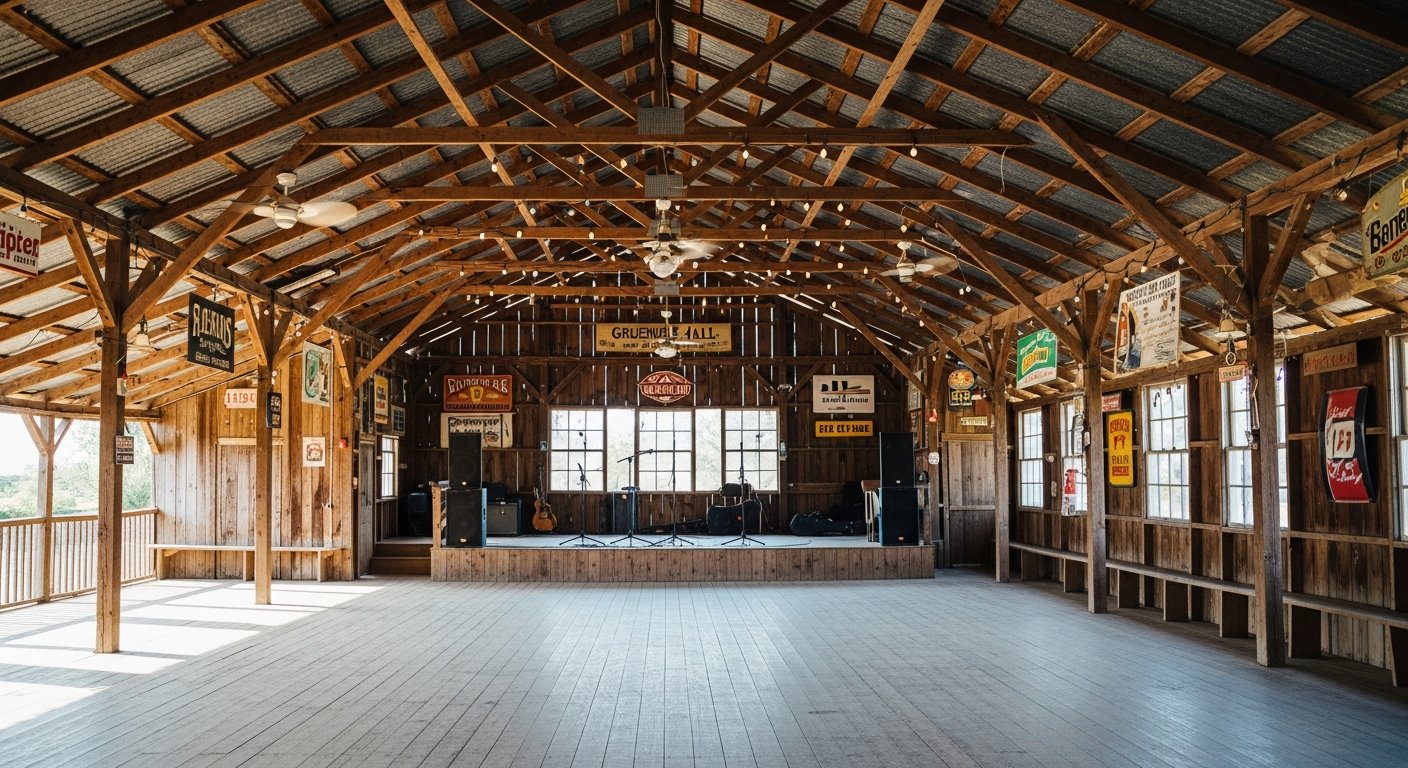 AI_IMAGE: The interior of Gruene Hall, Texas's oldest dance hall — an open-sided wooden structure with a high corrugated tin roof, exposed timber framing, and no air conditioning. Sunlight streams through the open side walls onto a worn wooden dance floor. A small elevated stage sits at the far end with microphone stands and instrument cases. Hand-painted signs, vintage beer advertisements, and string lights line the walls. The atmosphere is rustic, sun-drenched, and deeply Texan. | photorealistic | landscape
