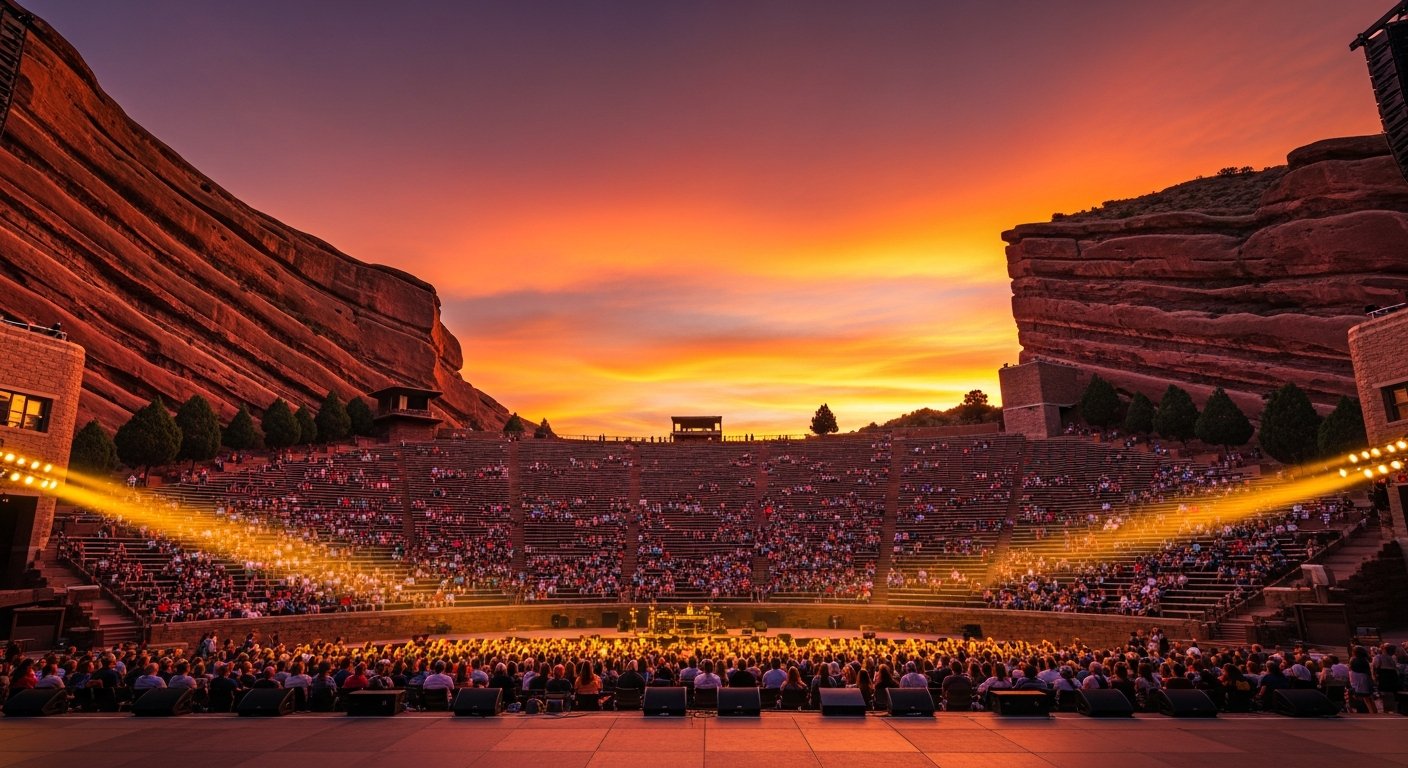 AI_IMAGE: Red Rocks Amphitheatre at sunset viewed from the stage looking out over the audience — massive red sandstone formations frame the venue on both sides, the Colorado sky blazing in gradients of burnt orange, deep amber, and violet. Rows of audience members fill the stone seating terraces. Stage lighting casts warm golden beams into the evening air. The scale is monumental and cinematic, the natural rock formations dwarfing the human figures. | photorealistic | landscape