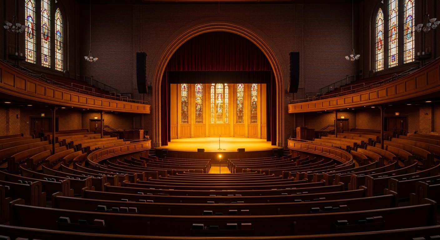 AI_IMAGE: The iconic Ryman Auditorium interior viewed from the back of the house — curved wooden church pews filling the main floor and balcony, a warmly lit stage framed by stained glass windows and the famous brick arch. A single microphone stand sits center stage under a golden spotlight, the rest of the stage bathed in deep amber wash. The mood is reverent, historic, and cinematic — the Mother Church of Country Music waiting for a performance. | photorealistic | landscape